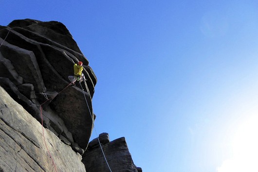 Making the break for freedom on Flying Buttress Direct.  © C Noble