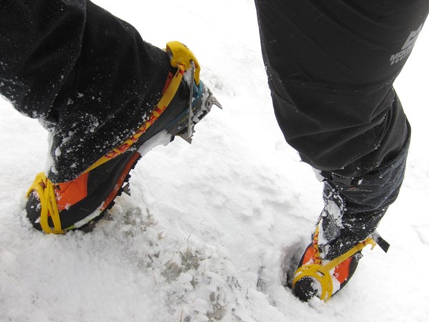 The typical B2 takes crampons with a heel clip and toe cradle  © Dan Bailey