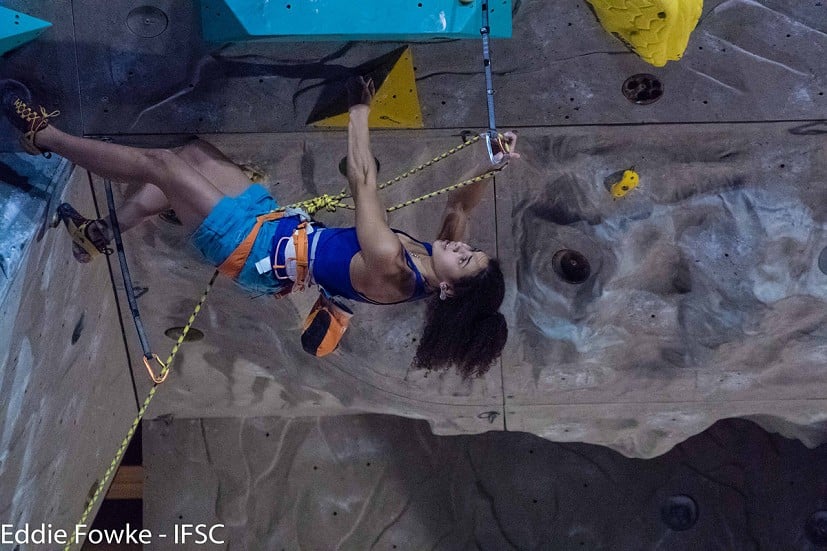 Molly Thompson-Smith climbing in the Kranj round of the World Cup in 2016.  © Eddie Fowke/IFSC