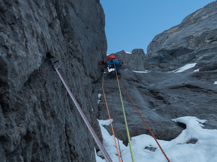 Stephan Siegrist climbing on the last slab pitch before the  Hinterstoisser Traverse  © Archive Metanoia