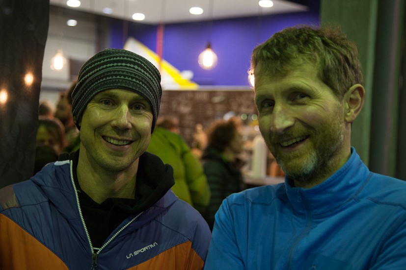 Petzl Athlete Neil Gresham and Petzl UK Brand Manager Martin Bergerud at the GRIGRI+ launch at Sharma Climbing in Barcelona  © UKC Gear