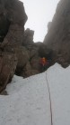 Fiacaill Couloir, chockstone. About as lean as it gets!