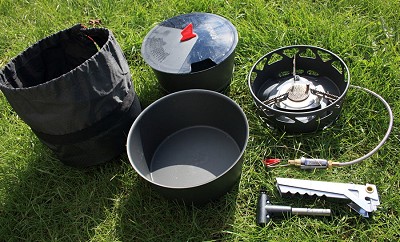 Stove, two pans, strainer lid, pan handle, lighter and insulated carry case  © Dan Bailey