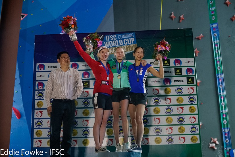 Women's podium: Coxsey, Garnbret, Noguchi  © Eddie Fowke/IFSC