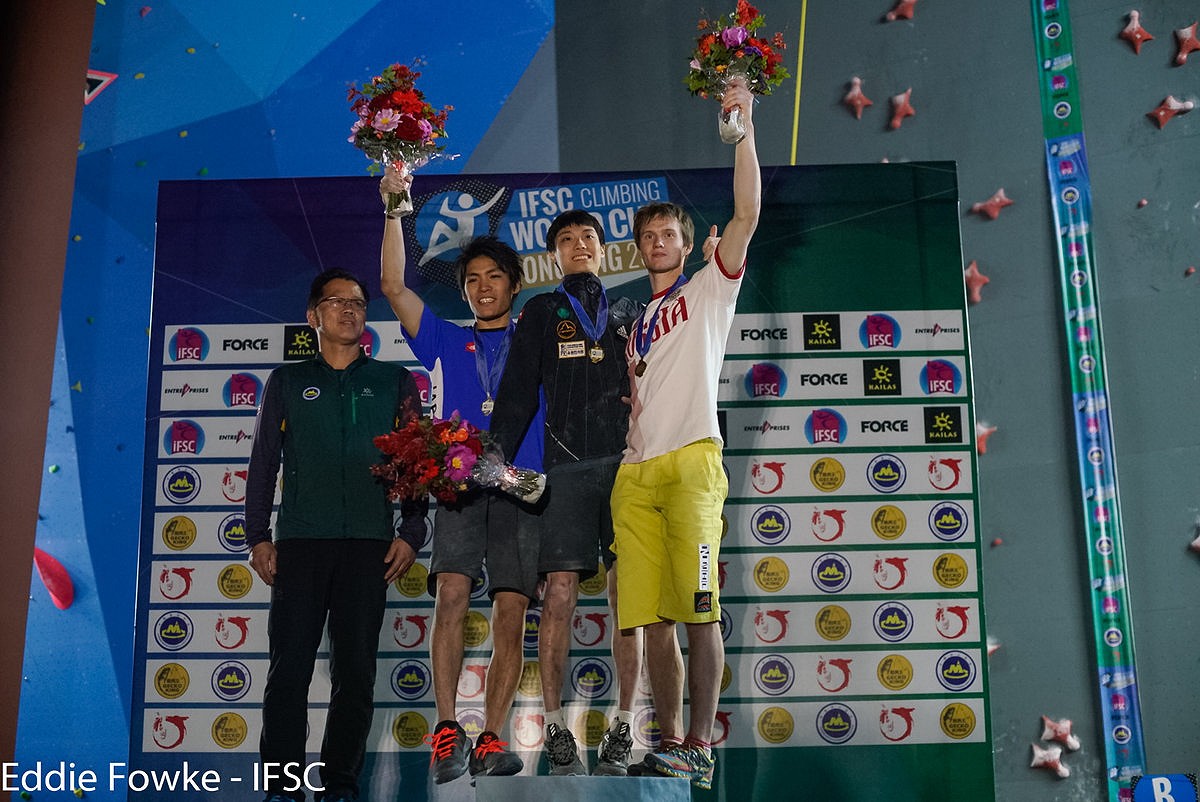 Men's podium: Narasaki, Chon, Rubtsov  © Eddie Fowke/IFSC