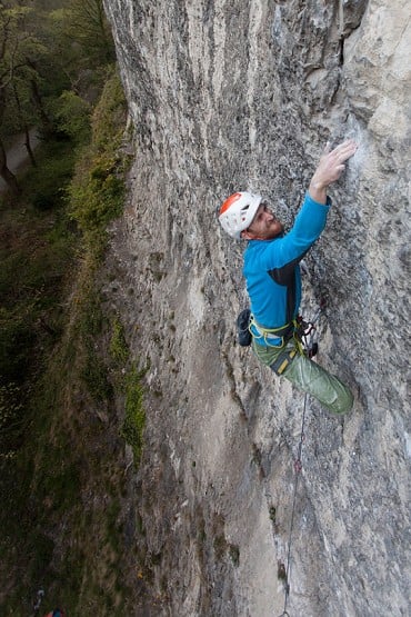 The Sirocco protecting the author's head at Garage Buttress, a crag held together by bolts and glue  © Rob Greenwood