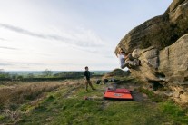 Joe Chan Climbing Incipient Crack at Shaftoe on an awesome evening session