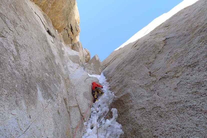 Greg on thin, slightly overhanging ice on day three of Beastiality.  © Will Sim