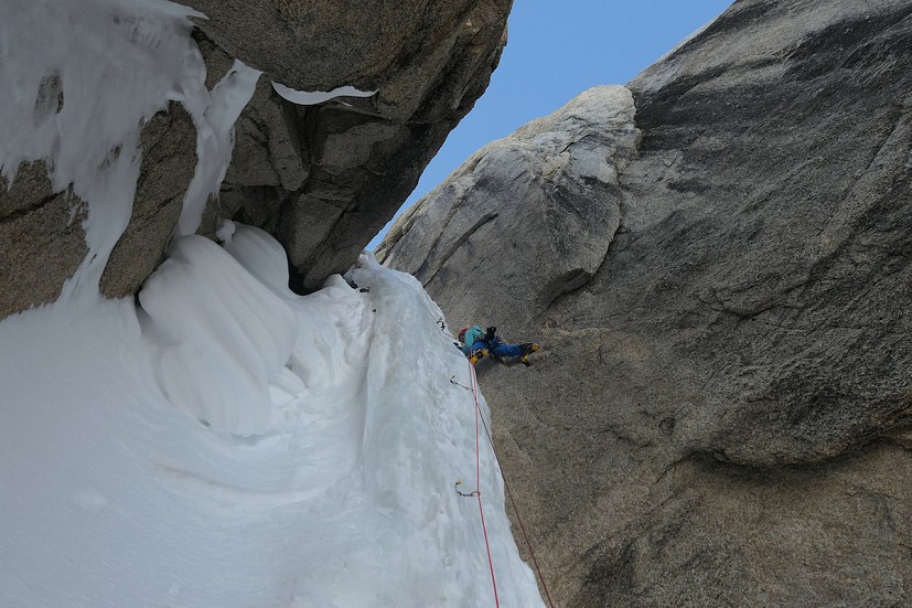 Will on the steep ice of roughly pitch 29 of Beastiality.  © Will Sim