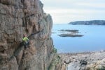 Duncan Cambell onsiting Route X, E4 5C.  La Cotte, Jersey.