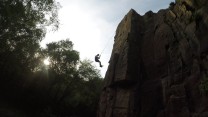 My mate Sheridon abseiling the Golden Tower at Anglesarke Quarry, Chorley.