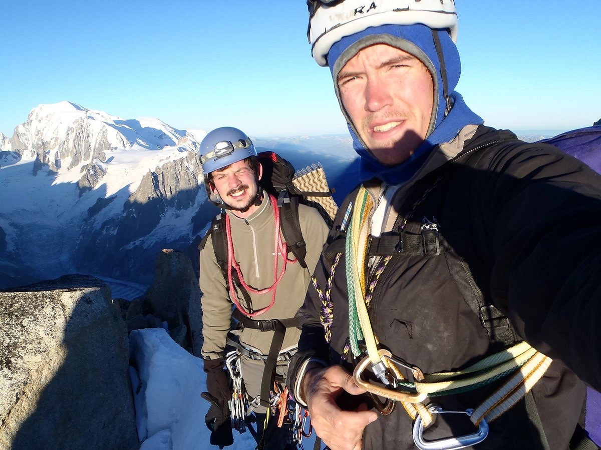 Pete and Ben at the top of the Droites after climbing the Messner Pillar. Ben's first alpine route.  © Pete Graham/Ben Silvestre