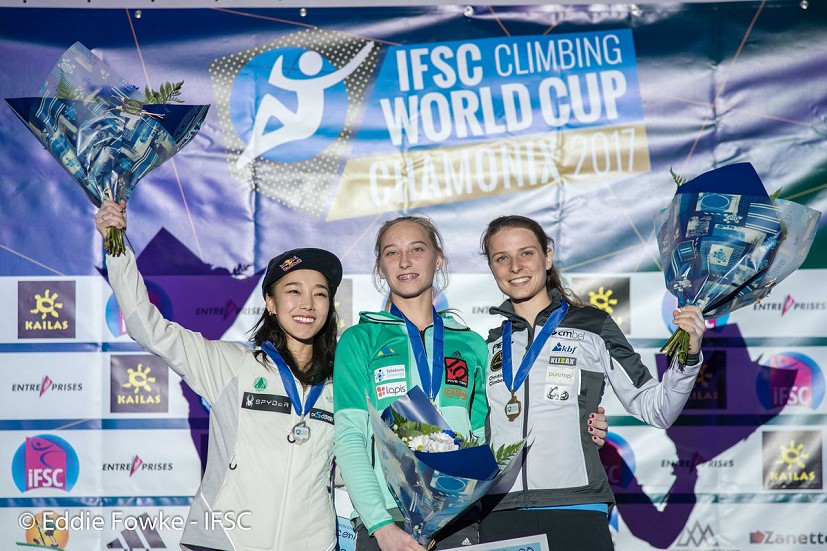 Women's podium: Kim, Garnbret and Verhoeven  © Eddie Fowke/IFSC