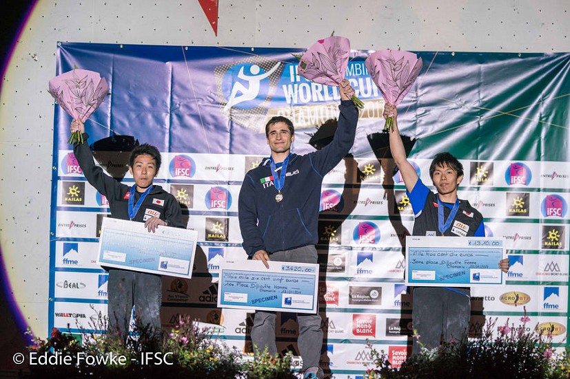 Men's podium: Korenaga, Bombardi, Hada  © Eddie Fowke/IFSC