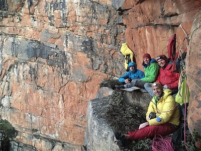 The team relaxing on a bivvy ledge  © Franz Walter