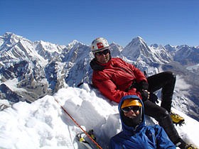 Kevin Thaw and Abbey Watkins at the summit of Cholatse, 6440m