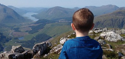 Finn looks over Glen Etive - a view that's hard earned on little legs  © Wilcox family