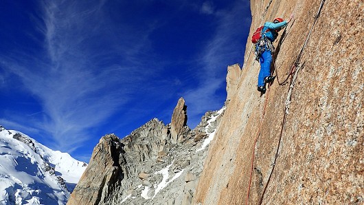 Wendy leading the 'S' crack pitch of the Rebuffat-Baquet on the south face of the Midi  © JakeB.