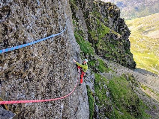 Climbing the great flake over towards the belay on the awesome second pitch.  © freudy_love