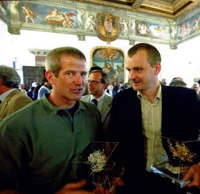 Ed and Mark Twight in Trento, after winning Grand Prize with David Rose for Regions of the Heart  © Ed Douglas