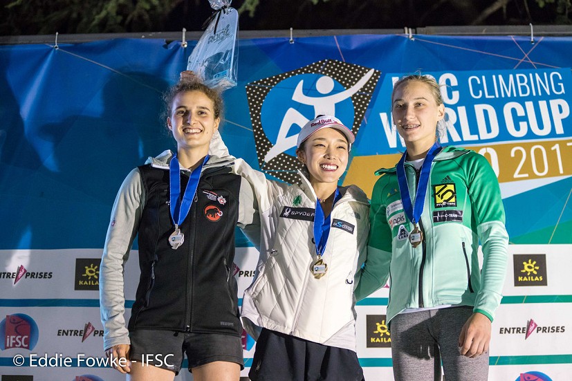 Women's podium: Koller, Kim, Garnbret  © Eddie Fowke/IFSC
