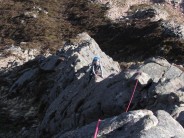 Scrambling up Afterthought Arete on Stag Rock