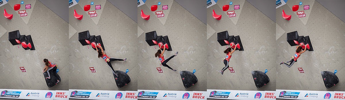 Brooke Raboutou leaping around the corner of Problem 3 in Youth A  © Rob Greenwood - UKC