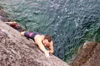 Ed Walker pre-plunge on Perfect Pitch 6a