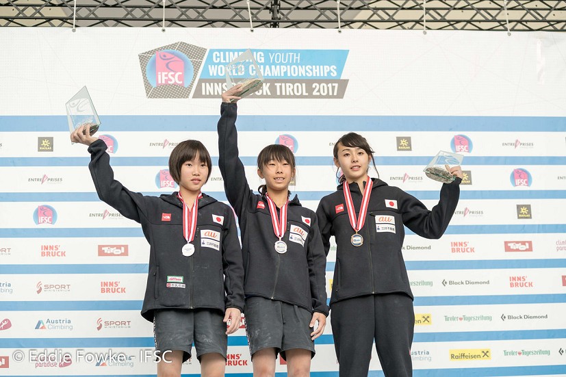 Young Japanese climbers on the WYC podium: A trip to contend with in Tokyo 2020.  © Eddie Fowke/IFSC