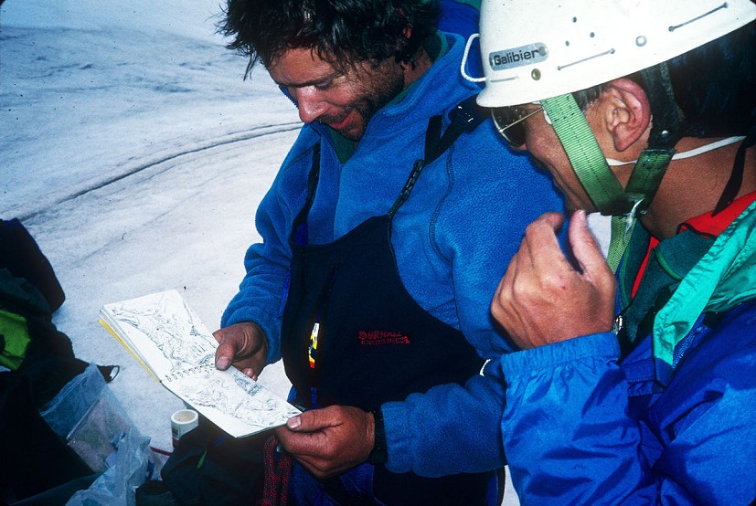 Renshaw and Victor Saunders in the pre-digital age, 1992, with a sketch of the traverse of Menaka and Rajramba, in Kumaon.   © Stephen Venables