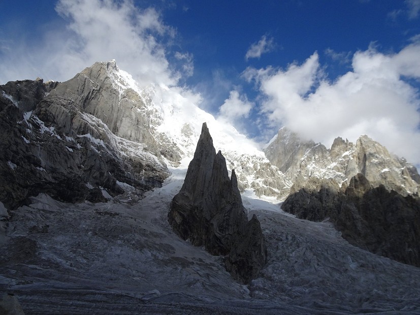 Link Sar (K8) North East face. Tom and Daniele climbed up the glacier to the left of the pinnacles.  © Tom Ballard