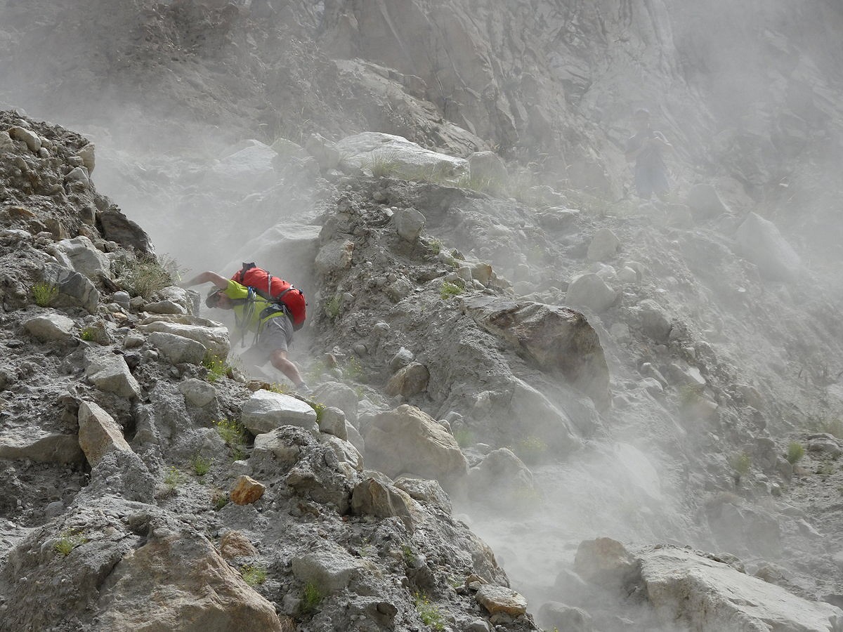 Michele descending the moraine onto the Kondus glacier  © Tom Ballard