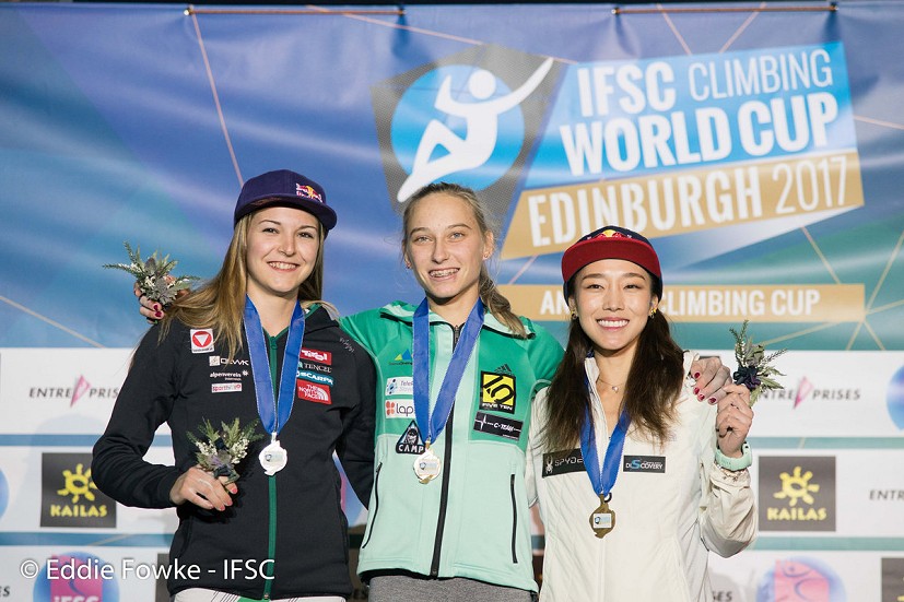 Women's podium: Pilz, Garnbret, Kim.  © Eddie Fowke/IFSC