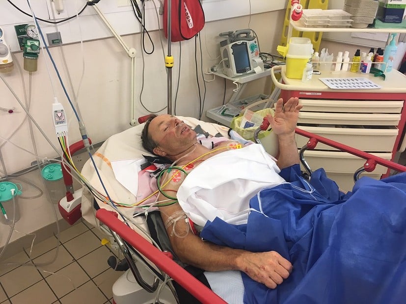 Jerry in a French hospital following the accident.  © Jerry Gore