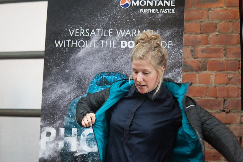 Lottie Watkinson, Product Director at Montane, talking through the jacket's tech spec  © Rob Greenwood - UKC