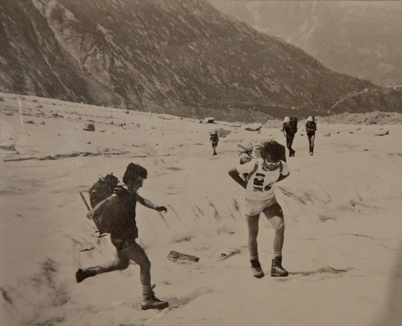 Ed Douglas on the Mer de Glace in 1983, aged 17, en route to the Couvercle hut. (He's the one in the Dennis the Menace t-shirt)  © Ed Douglas