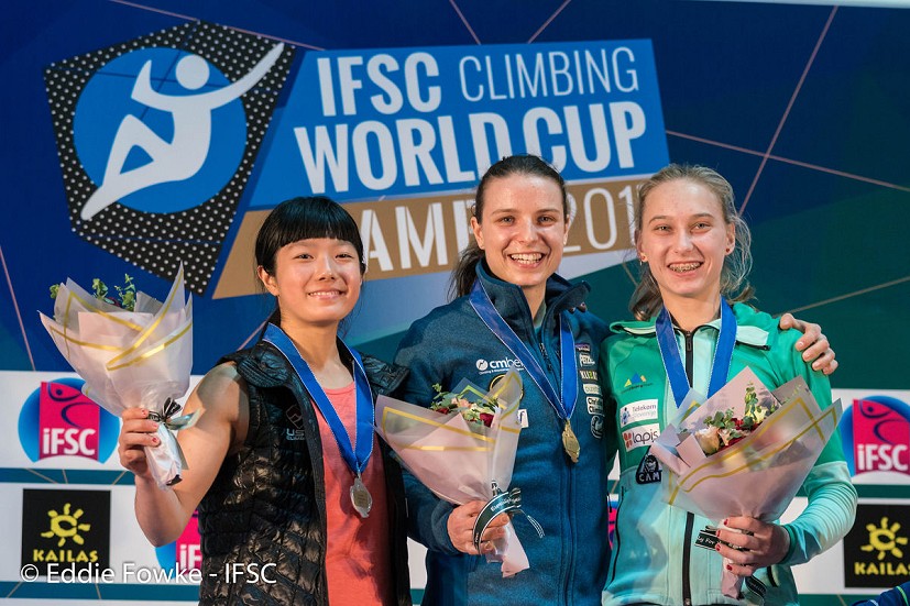 Women's podium Xiamen: Shiraishi, Verhoeven, Garnbret.  © Eddie Fowke/IFSC