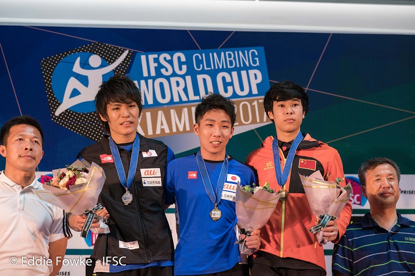Men's podium Xiamen: Narasaki, Korenaga, Pan.  © Eddie Fowke/IFSC