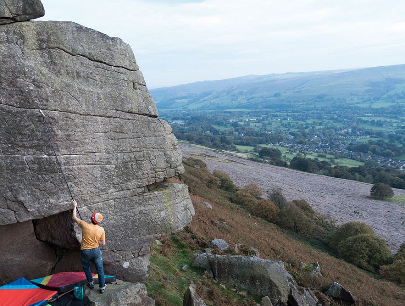 The Climber 700's length being put to good use, brushing the highball 'Spike' at Bamford Edge  © Penny Orr
