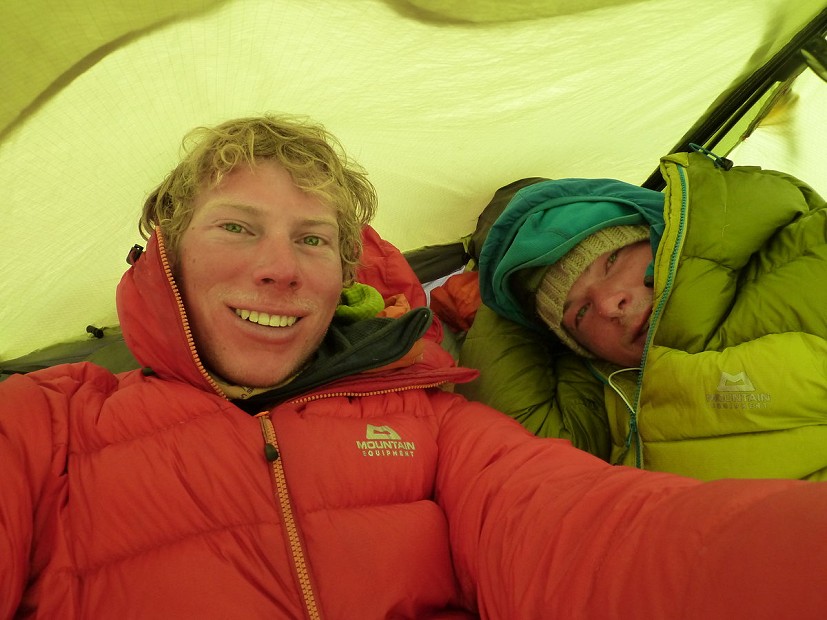 Tired in the tent after an attempt on the Slovak Direct.  © Uisdean Hawthorn