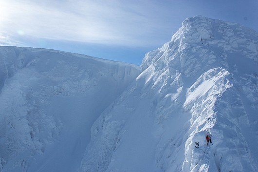 Climber exiting very snowy Tower Ridge onto the summit plateau of Ben Nevis  © Luka Murn