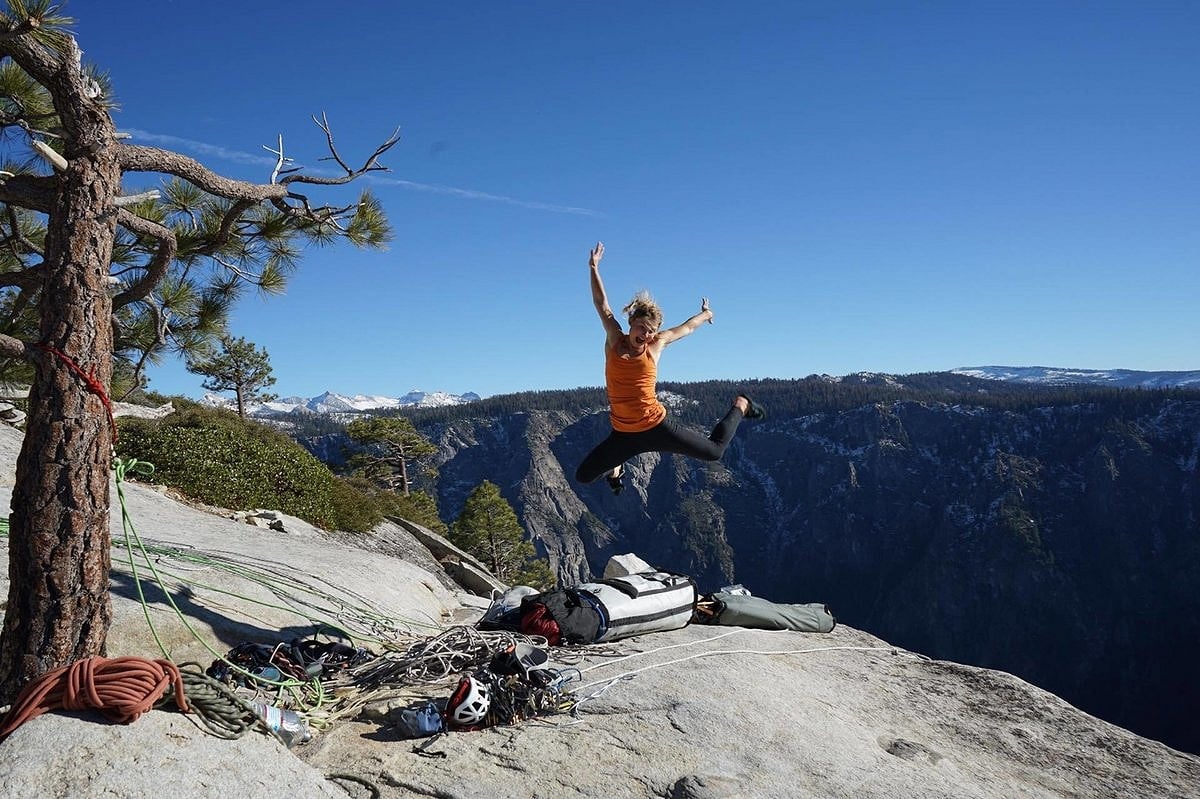 An elated Hazel at the top of El Cap after 8 days of effort on the Salathé.  © Jonny Baker