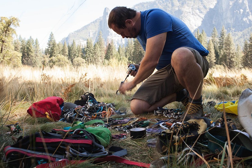 Andy sorts his gear ahead of climbing El Cap.  © Jen Randall