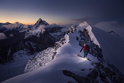 Valentine on a very snowy, very cold clear dawn on the Dent Blanche (4357) just a couple of weeks ago.  © Ben Tibbetts