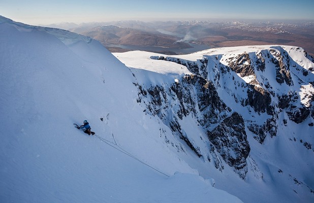 Natalie leading the top snow slope pitch of Pink Panther on Ben Nevis.  © Hot Aches Productions
