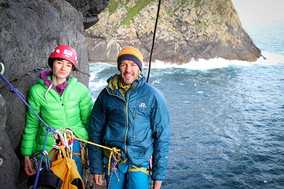 Natalie and Dave new-routeing on St Kilda in 2017.  © Dave MacLeod