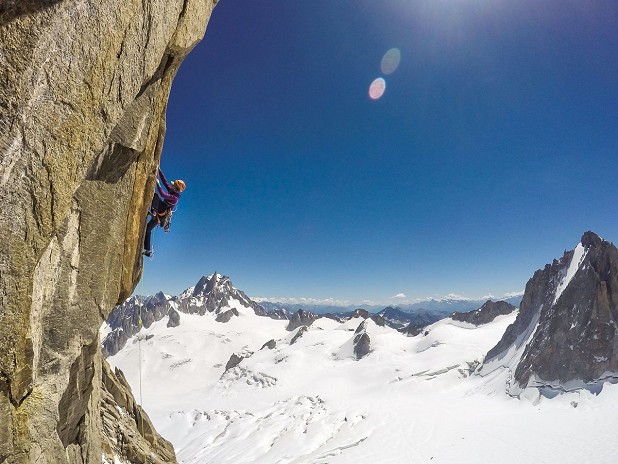 Natalie working the crux pitch of the Voie Petit 8b on the Grand Capucin.  © Klemen Premrl