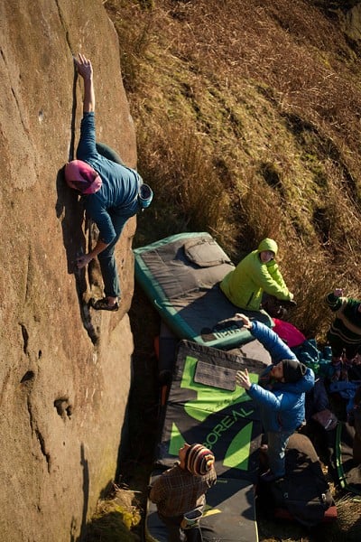 Ferdia Earl with the Boreal Crash Pad (and many others) below  © Rob Greenwood - UKC