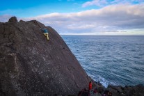 Anja Jones climbing Cordyceps (f6A) at the Fairhead Boulders