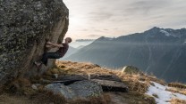 Matt Perrier bouldering at Sunset on the Aiguille du Plan, high above Chamonix